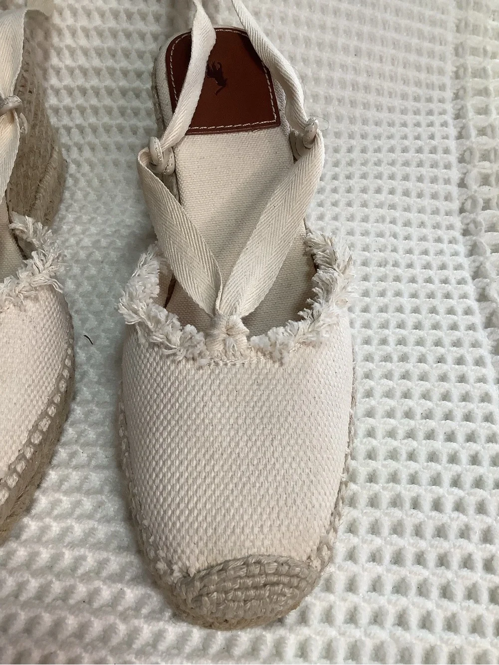 Polo Ralph Lauren Canvas Lace Up Espadrille Wedge Sandals Womens Size 7B Ivory